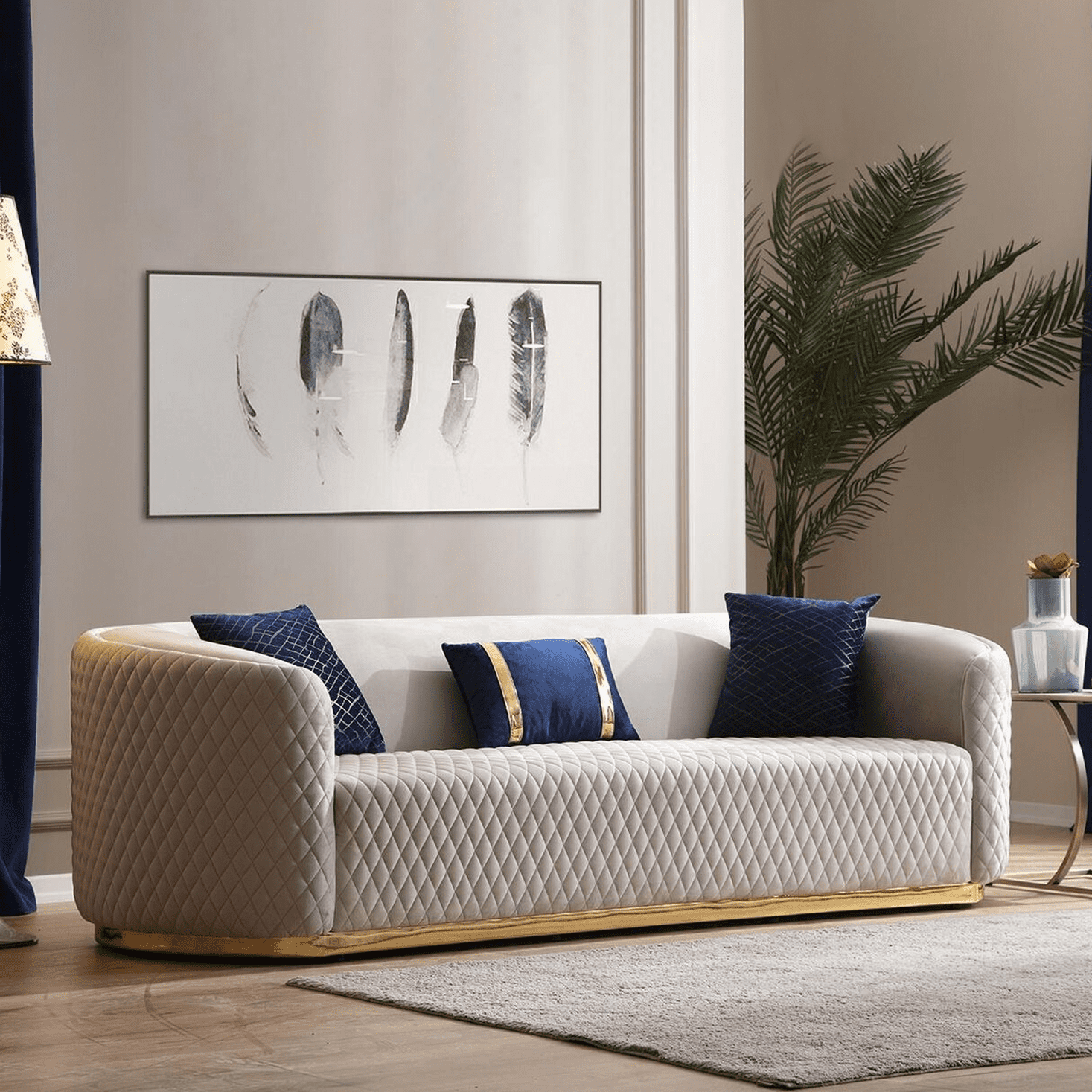 Luxusní béžová třímístná sedačka z nerezové oceli moderní design nábytek do obývacího pokoje